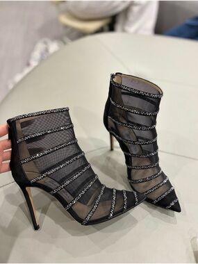 🚩steal Jimmy Choo Black Mesh Crystal-Strap Stiletto Ankle Boots